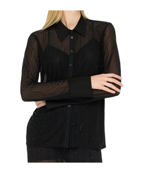 Liu •jo Long Sleeve Sheer Shirt With Crystal Embellishments In Black