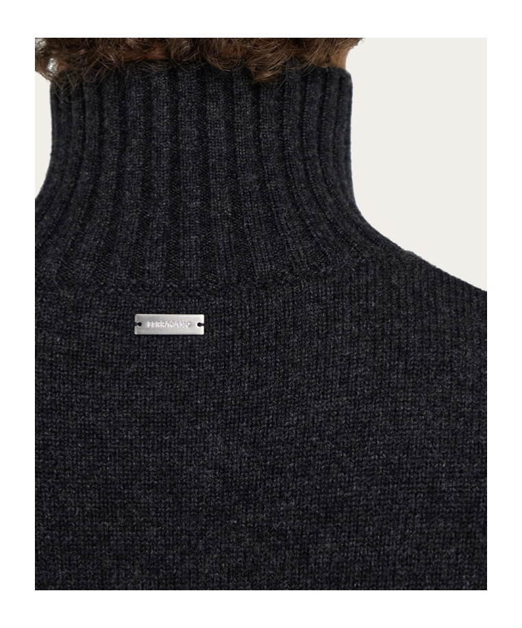 Ferragamo Cashmere Blend Sweater Ribbed Collar Cuffs Hem In Black