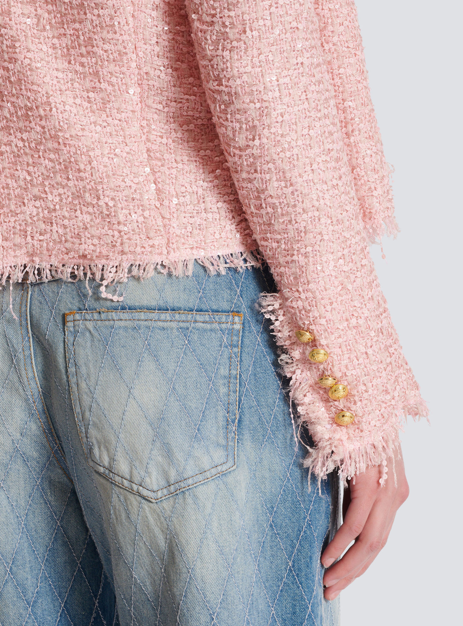 Balmain Tweed Jacket With All-over Sequins And Structured Shoulders In Pink