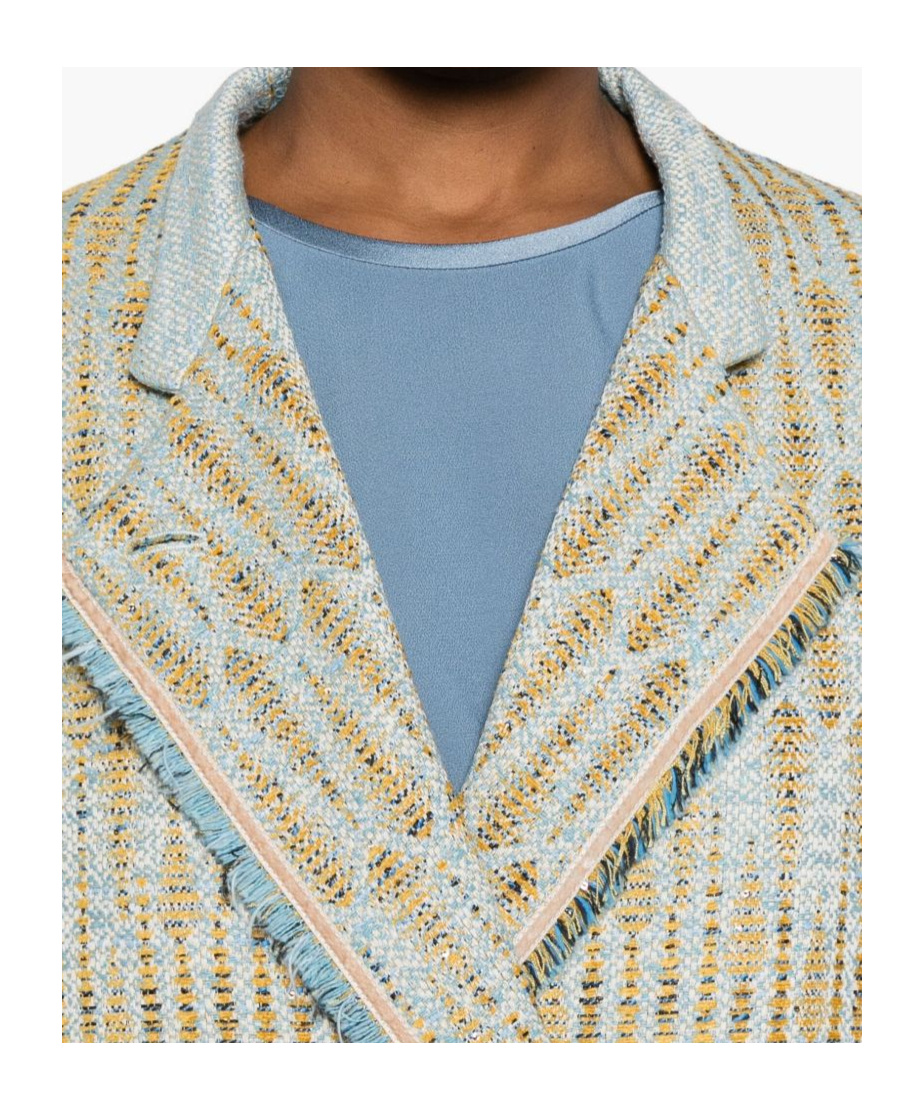 Forte Forte Textured Jacquard Blazer With Notched Lapel And Frayed Edges In Blue