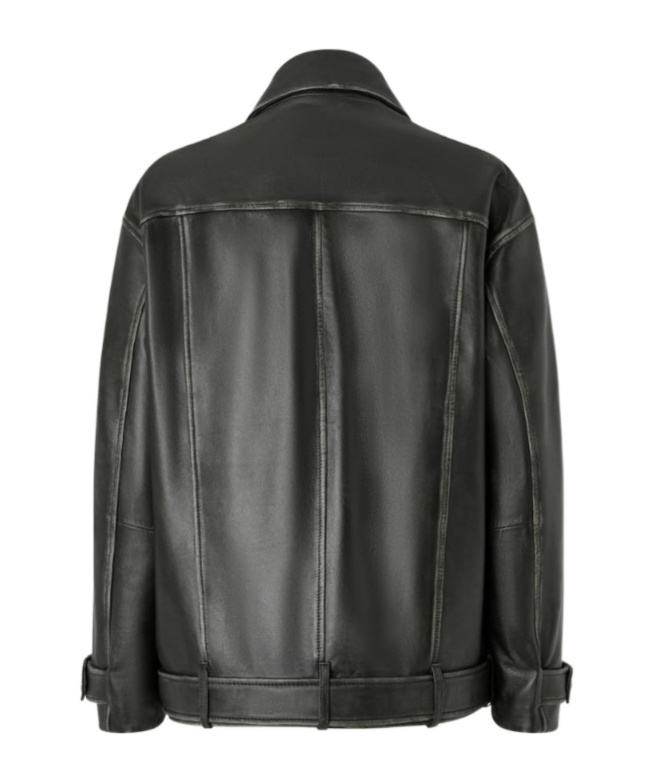 Pinko Leather Jacket With Belted Waist And Pockets In Black