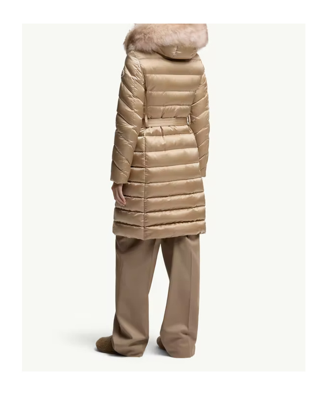 Moncler Leersie Hooded Shearling-trimmed Long Down Jacket In Neutral
