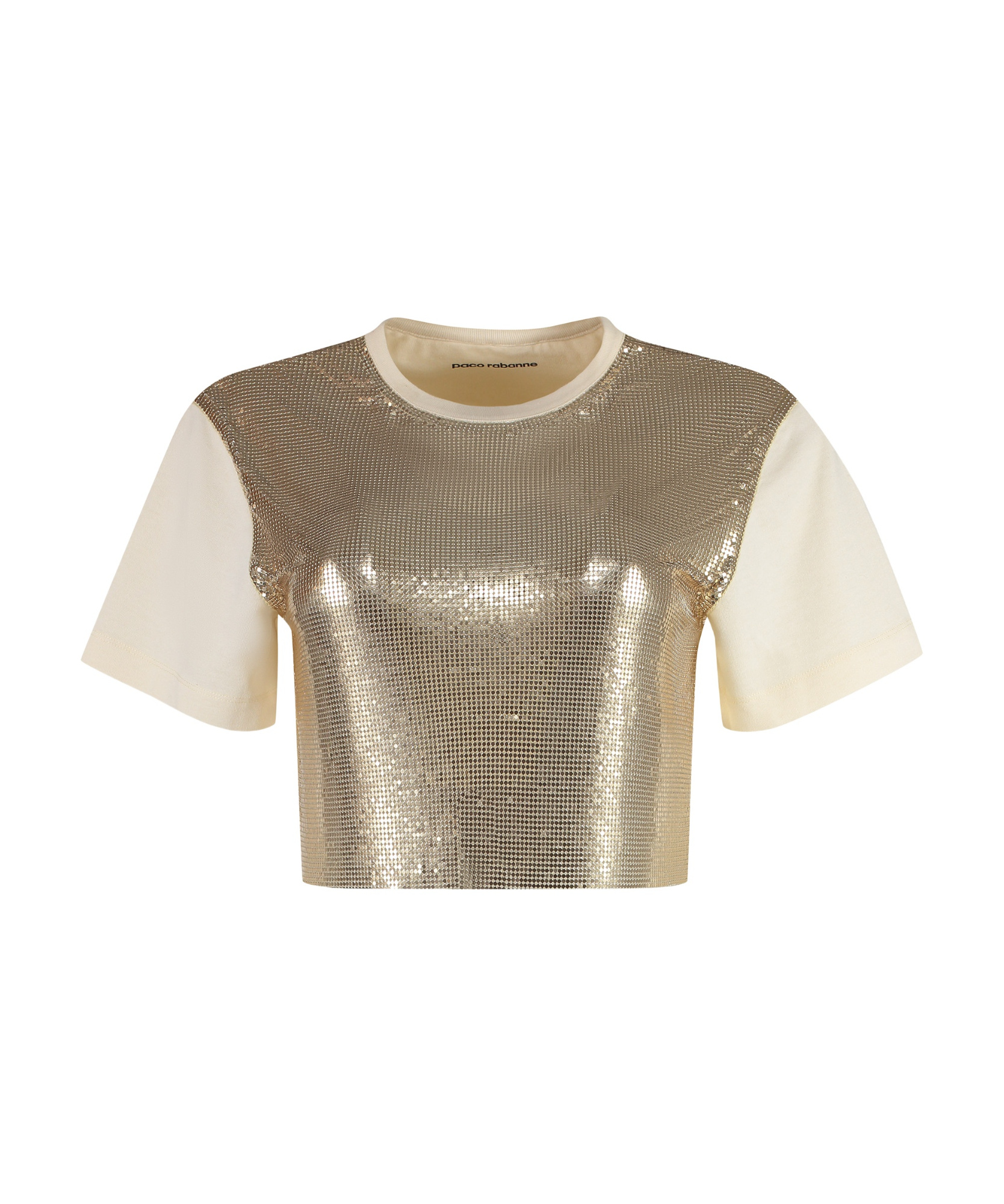 Rabanne Crop Metallic Embellishment Cotton Blend T-shirt In Nude