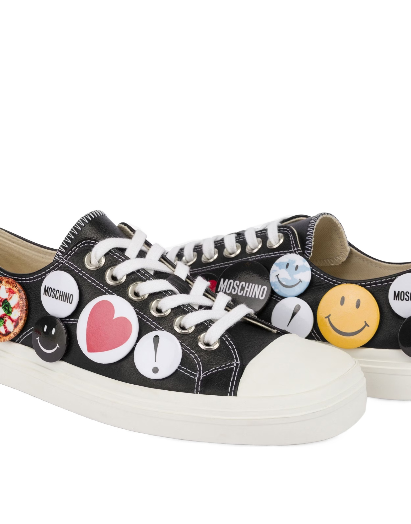 Moschino Black Leather Sneakers With Playful Pins