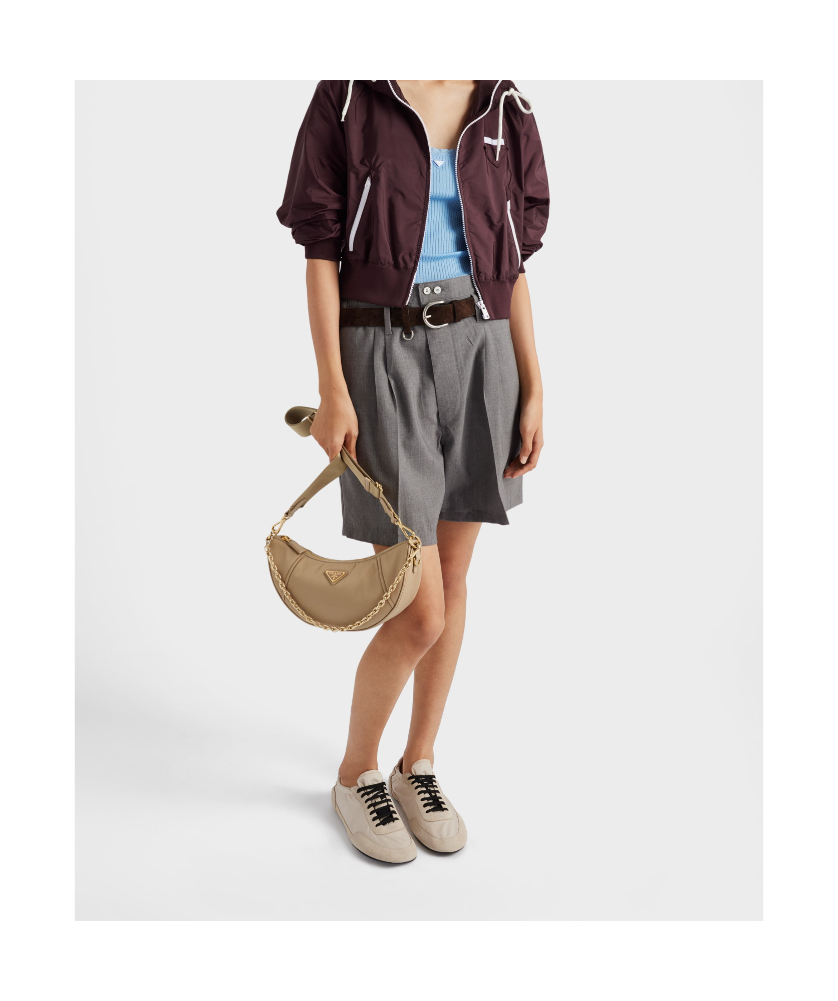 Prada Demi-lune Re-nylon Shoulder Bag In Camel Brown