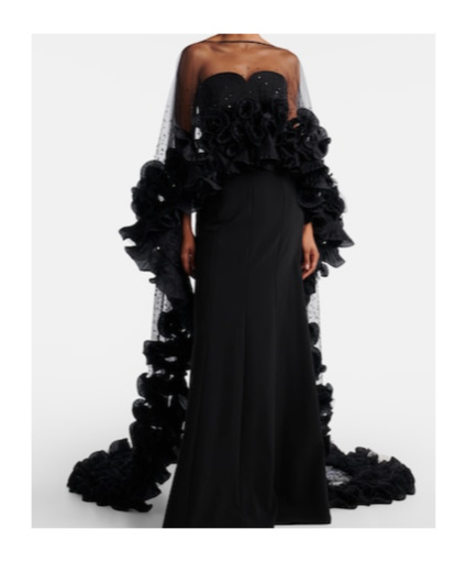 Jenny Packham Ruffled Caped Gown In Black