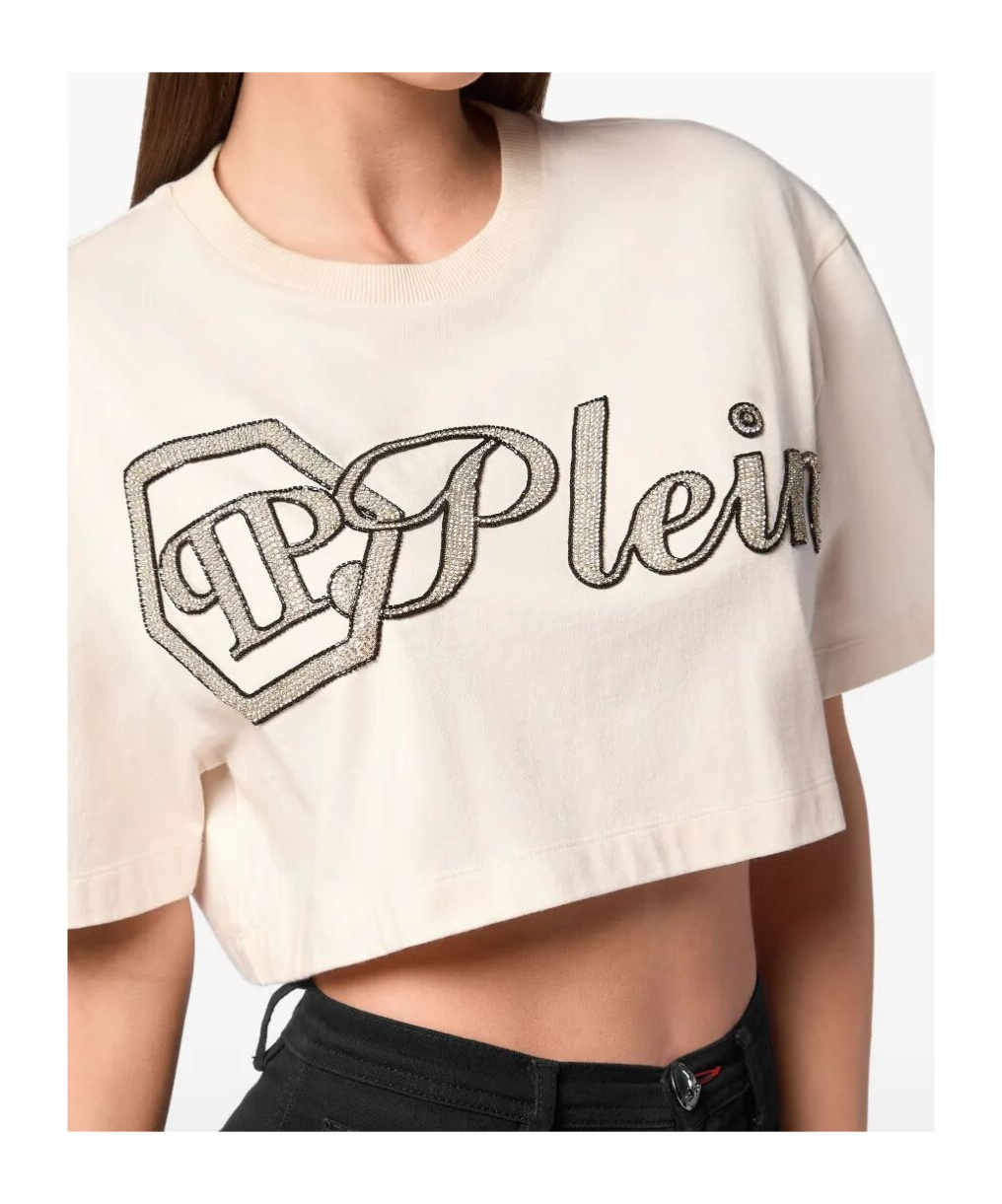 Philipp Plein Crystal Signature Cropped T-shirt In Neutral