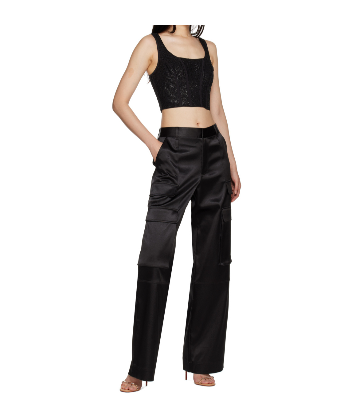 Frame Beaded Silk Corset Crop Top In Black