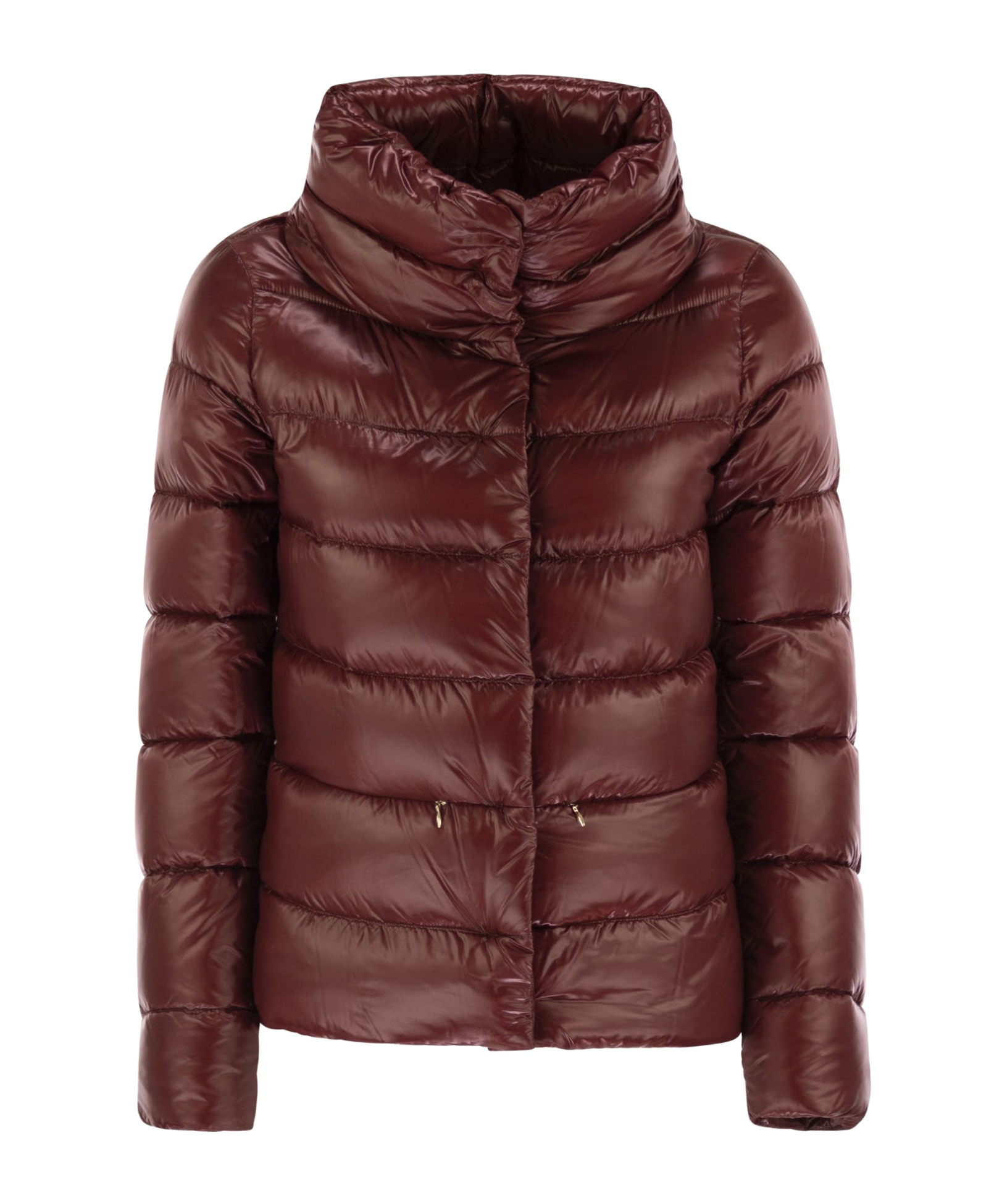 Herno Quilted High Neck Jacket With Lateral Split In Brown