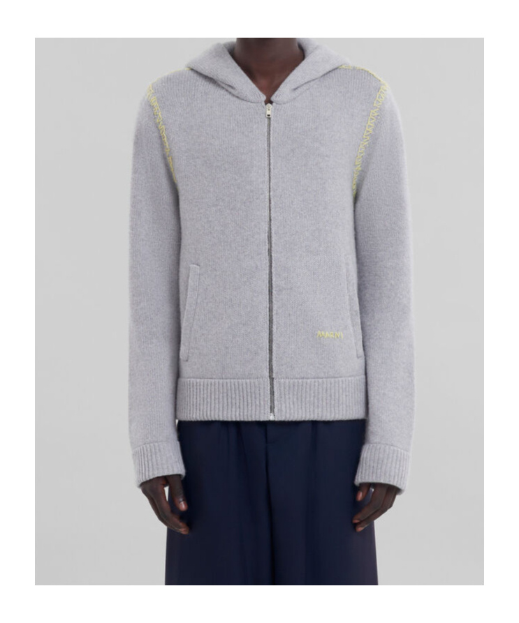 Marni Wool-blend Contrast-stitch Hoodie In Gray