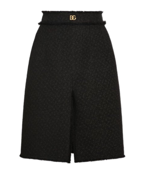 Dolce & Gabbana Raschel Tweed Midi Skirt With Central Slit And Dg Logo In Black