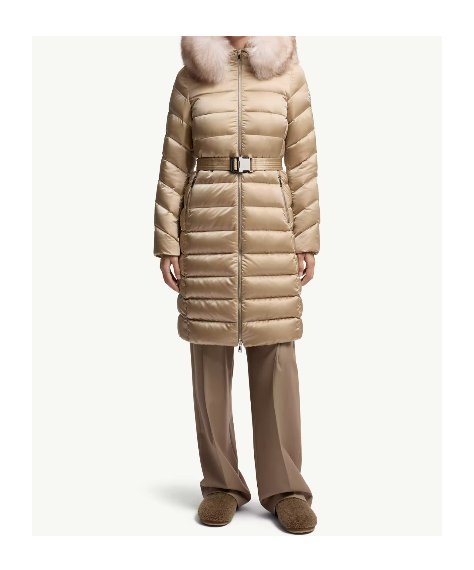 Moncler Leersie Hooded Shearling-trimmed Long Down Jacket In Neutral