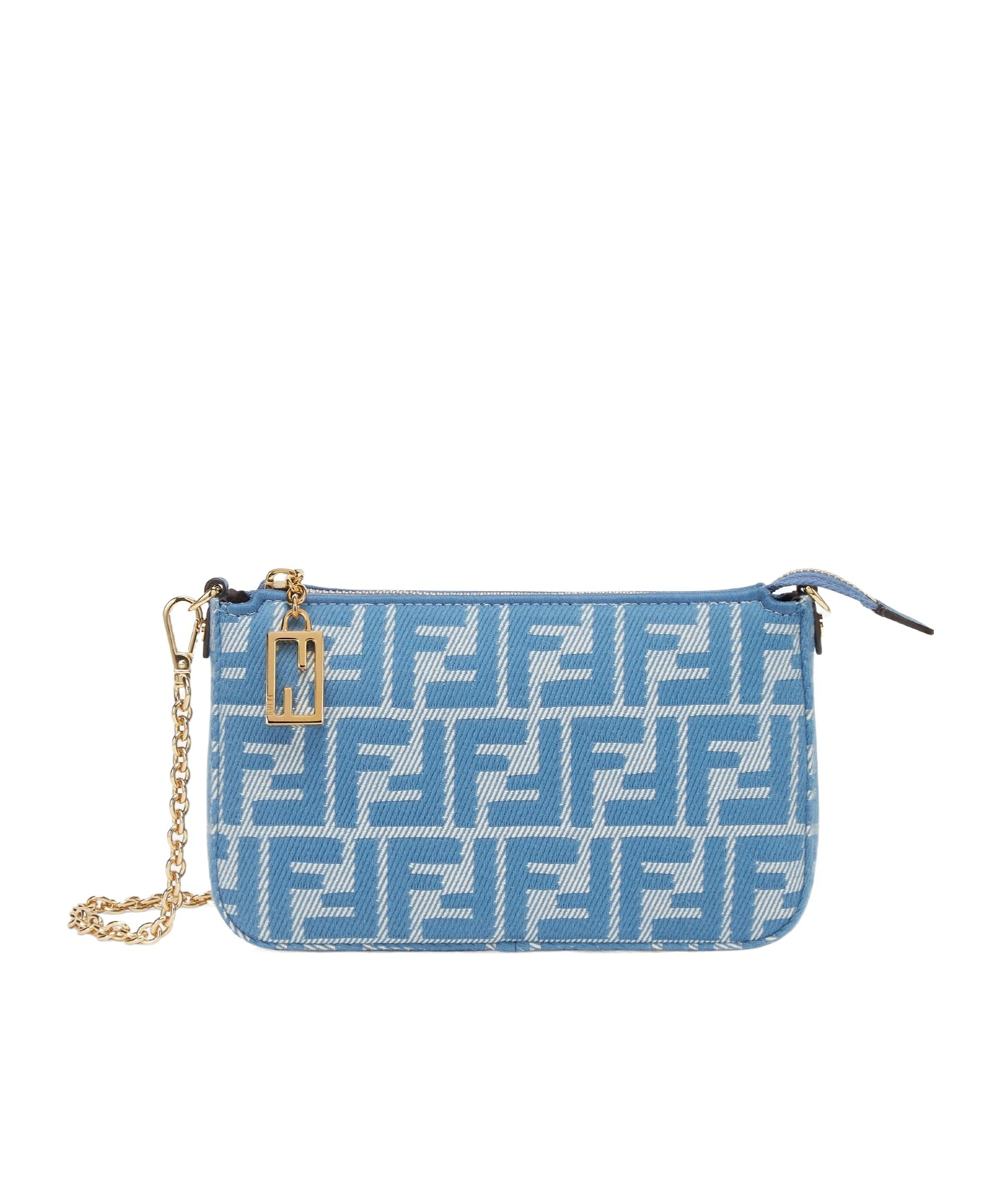 FENDI BLUE DENIM-EFFECT FF JACQUARD CHARM POUCH WITH CHAIN
