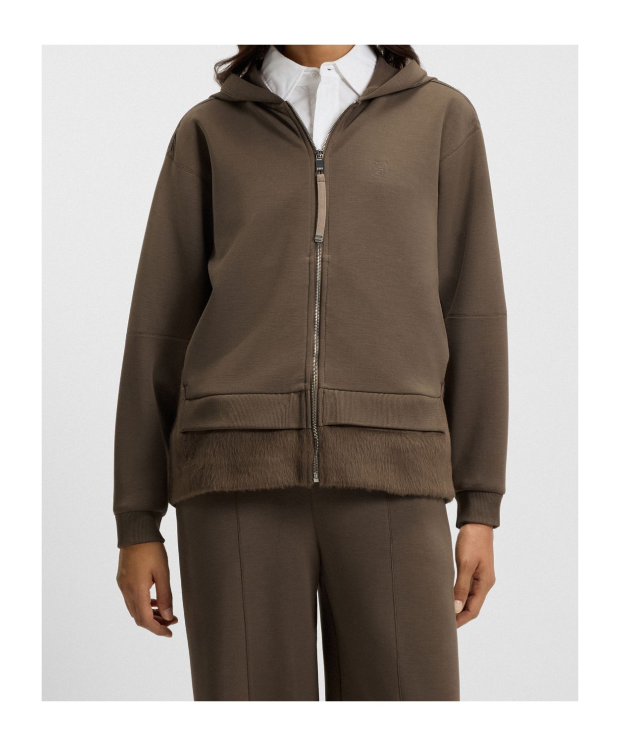 Hugo Boss Fur-panel Zip-up Hoodie In Brown