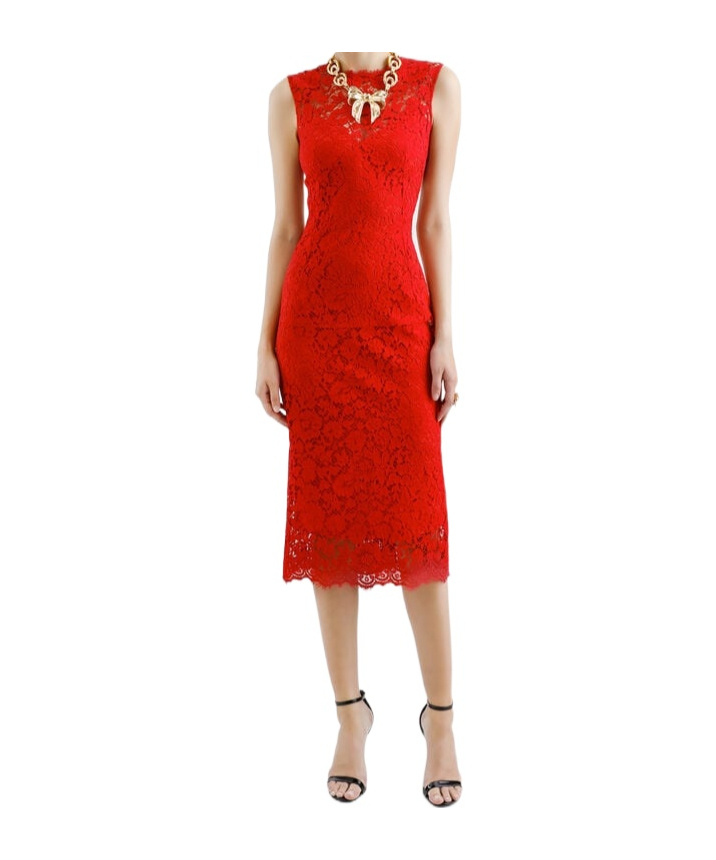 Shop Dolce & Gabbana Floral-lace Midi Dress In Red