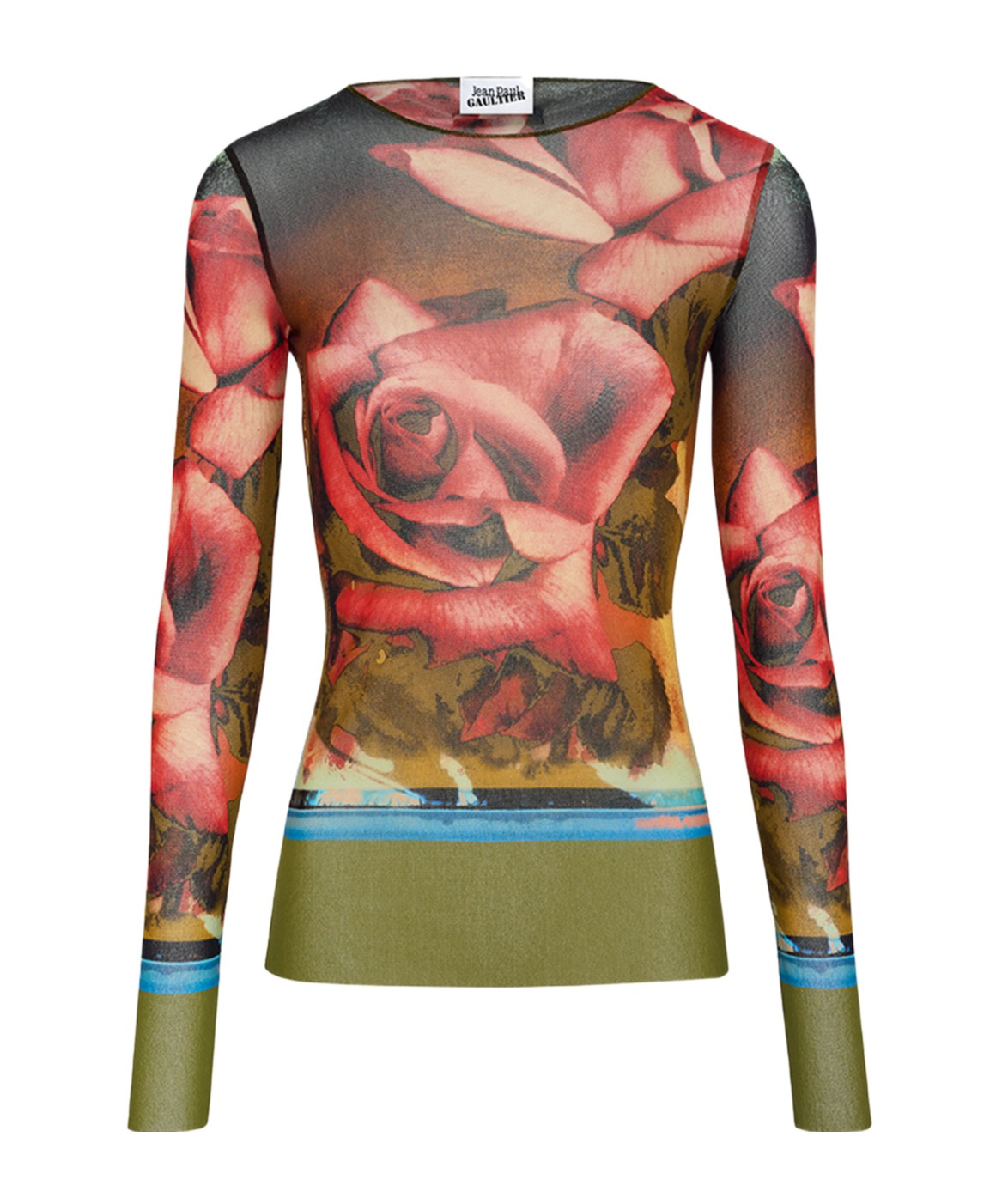 Jean Paul Gaultier Roses Print Mesh Long Sleeve Top In Brown