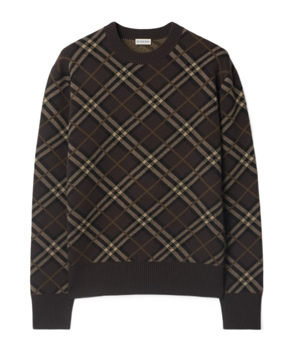 Burberry Check Pattern Cashmere Wool Crew-neck Sweater In Brown