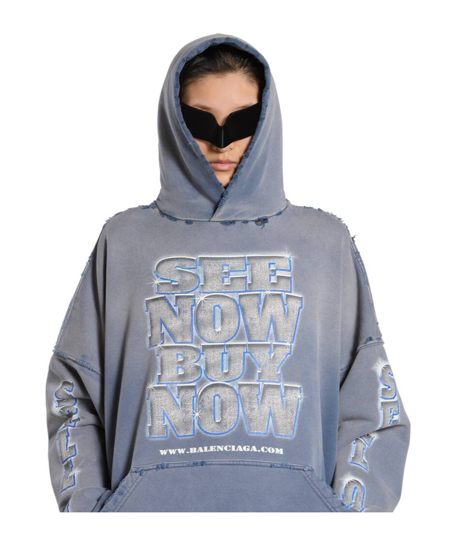 Balenciaga Slogan-print Cotton Hoodie In Blue