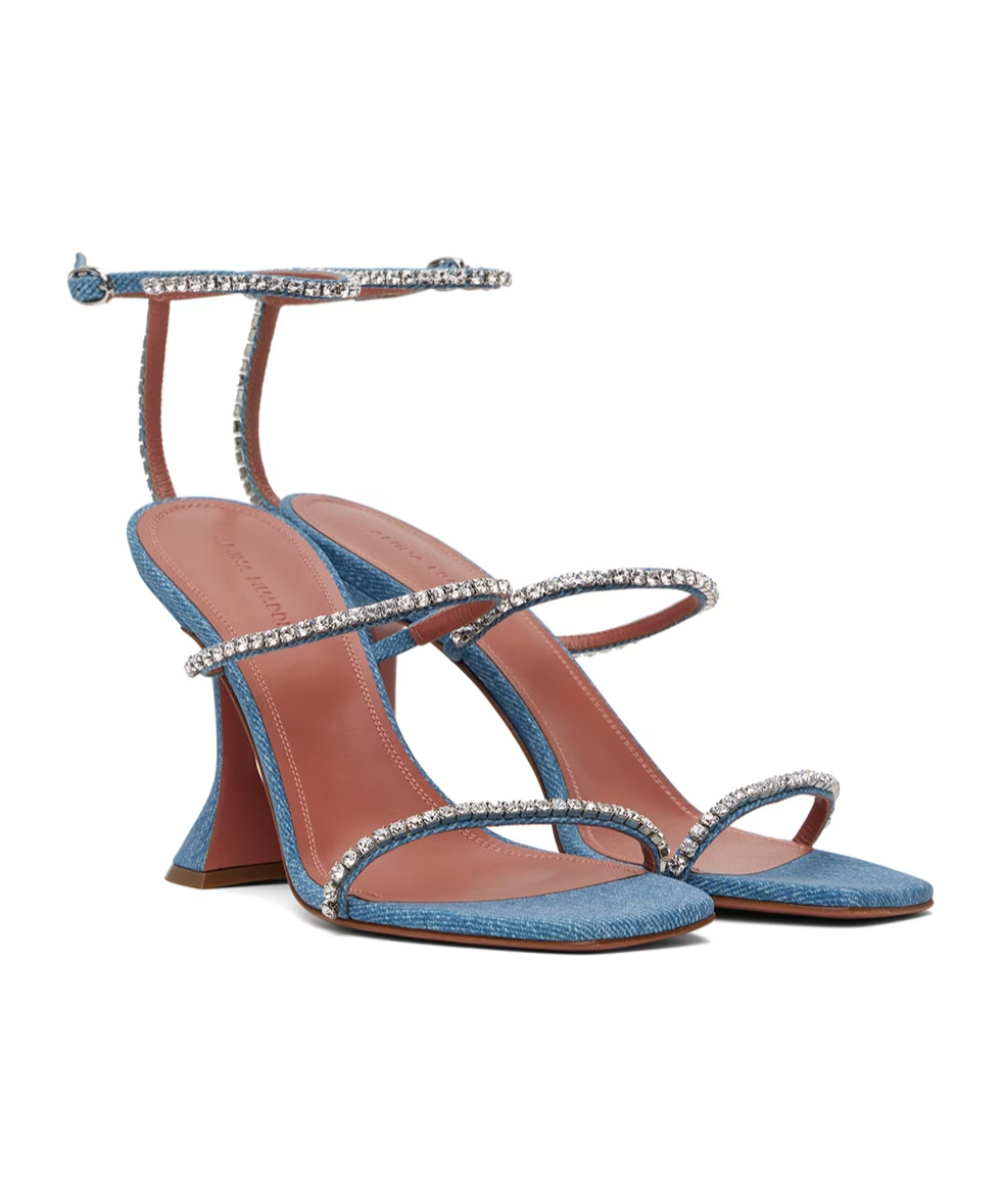 Amina Muaddi Gilda Crystal Strap Denim Sandal In Blue