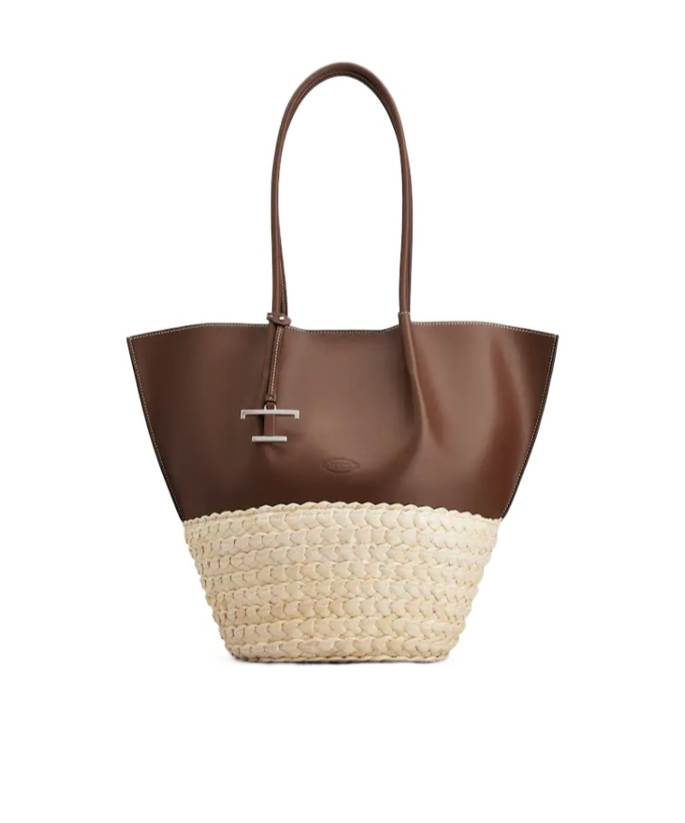 Tod's Raffia And Leather Shopper Bag With Spacious Interior In Brown, Natural Color