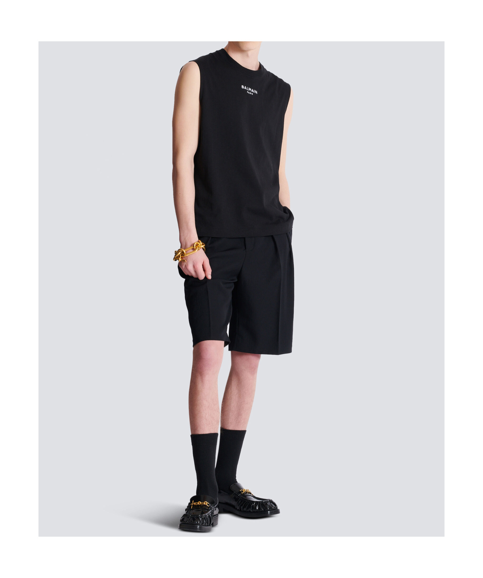 Balmain Black Crewneck Sleeveless Top With Logo Lettering Embroidery On The Front In Cotton Man