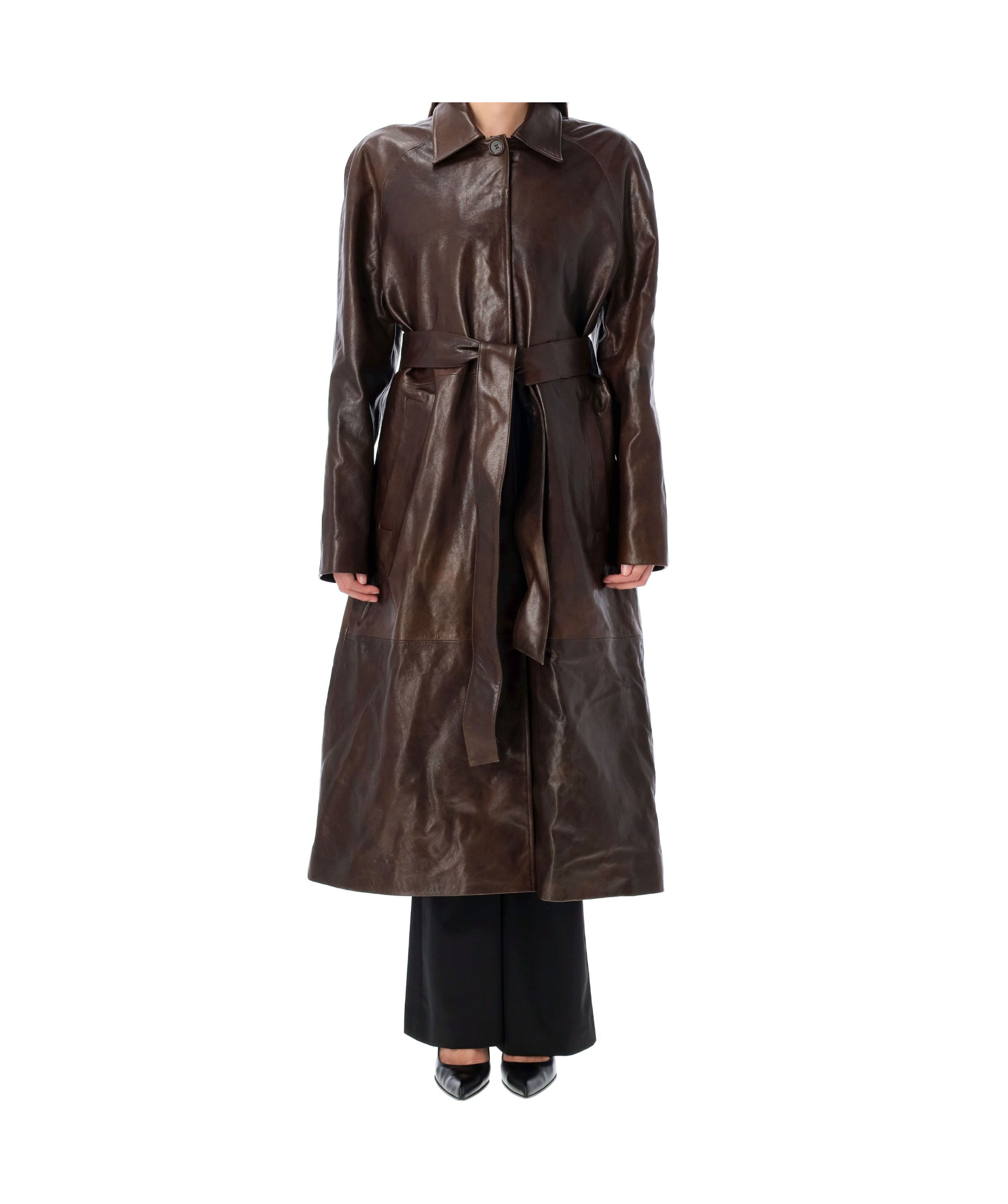 Magda Butrym Belted Leather Coat In Brown