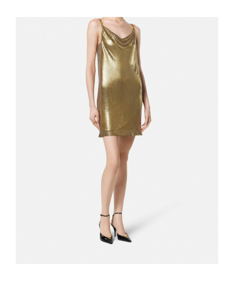 Versace Short Cocktail Dress With Chain Strap Detail In Gold