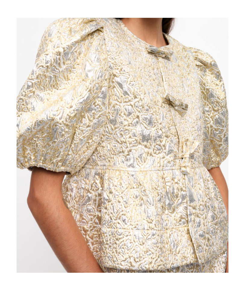 Shop Ganni Gold And Silver Peplum Tie String Blouse In Nude