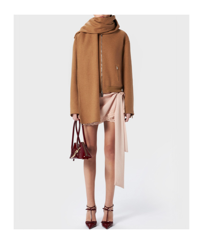 Blumarine Fitted With Scarf Felt Pilot Jacket In Brown
