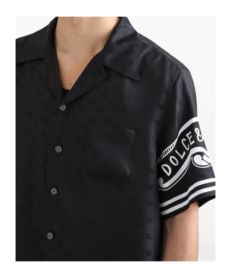 Dolce & Gabbana Black Shirt With Logo Print On The Sleeves In Silk Man In Black