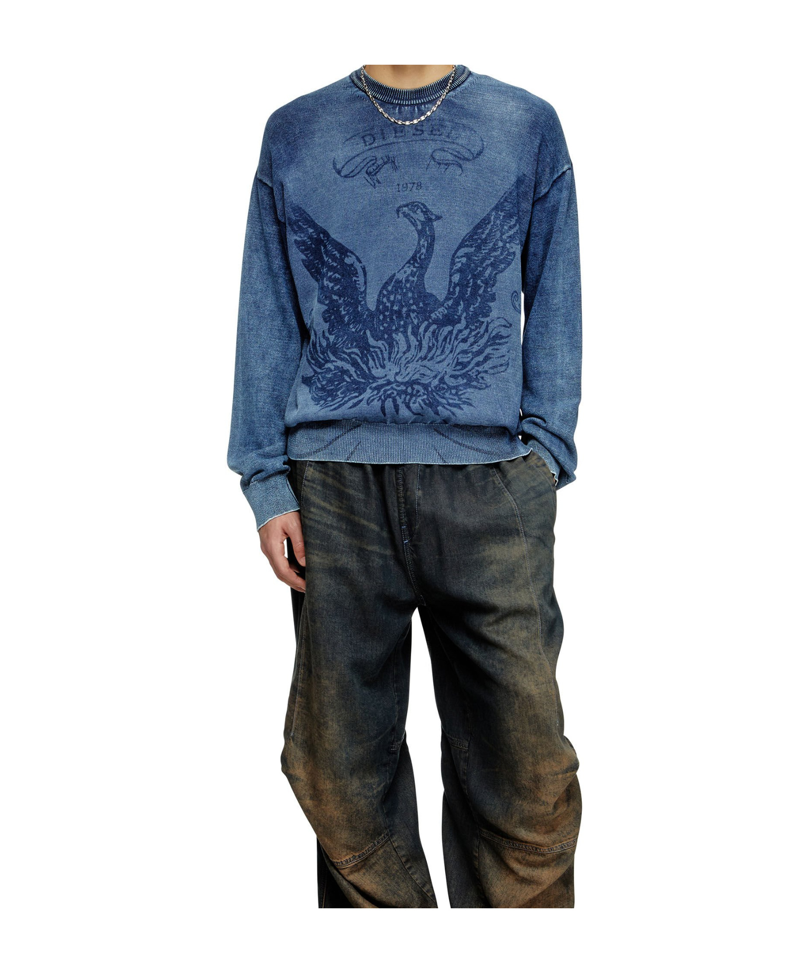 Diesel Phoenix Graphic Crewneck Sweater With Washed Effect In Blue