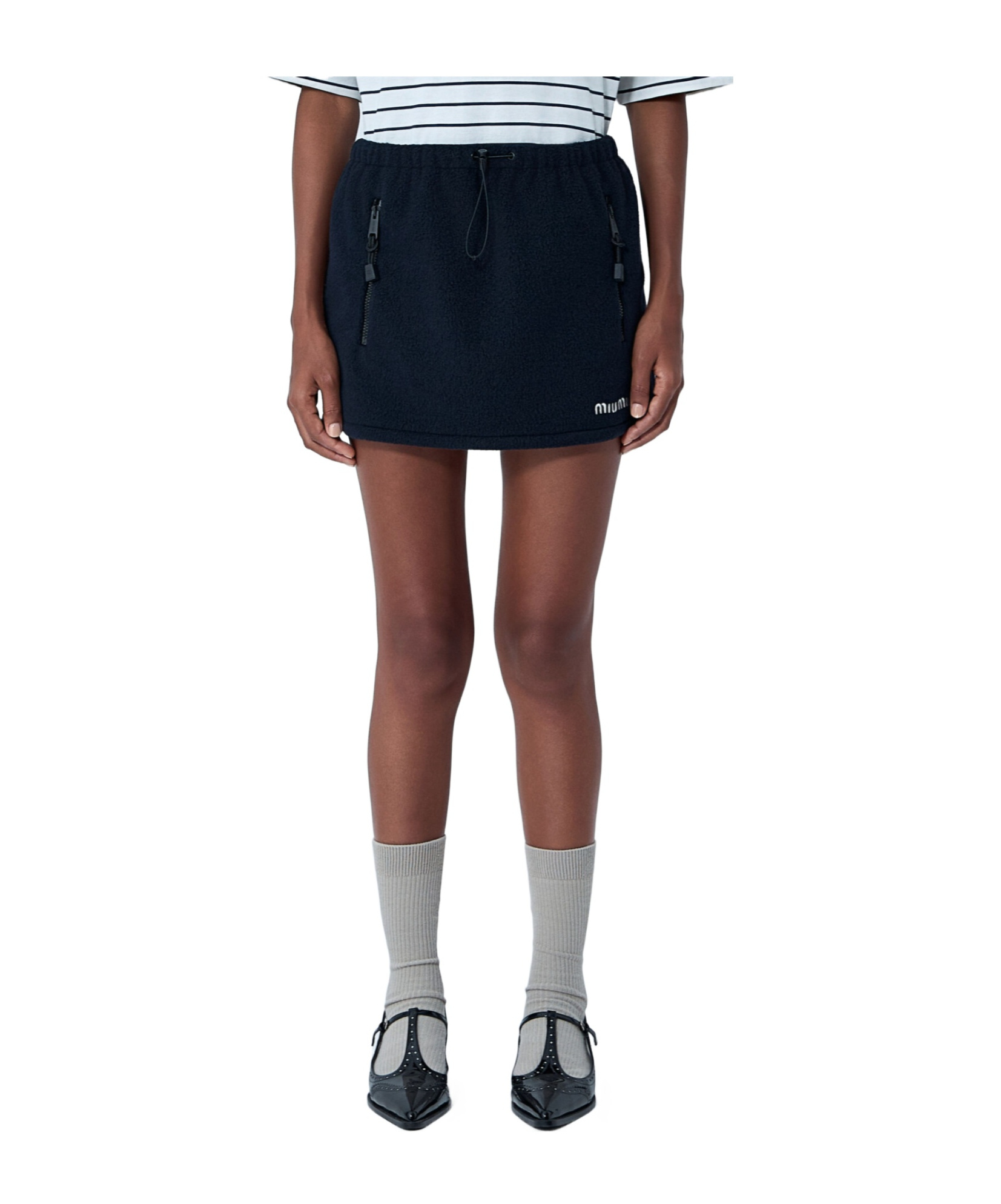 Miu Miu Fleece Miniskirt With Drawstring Waist And Zip Pockets In Black