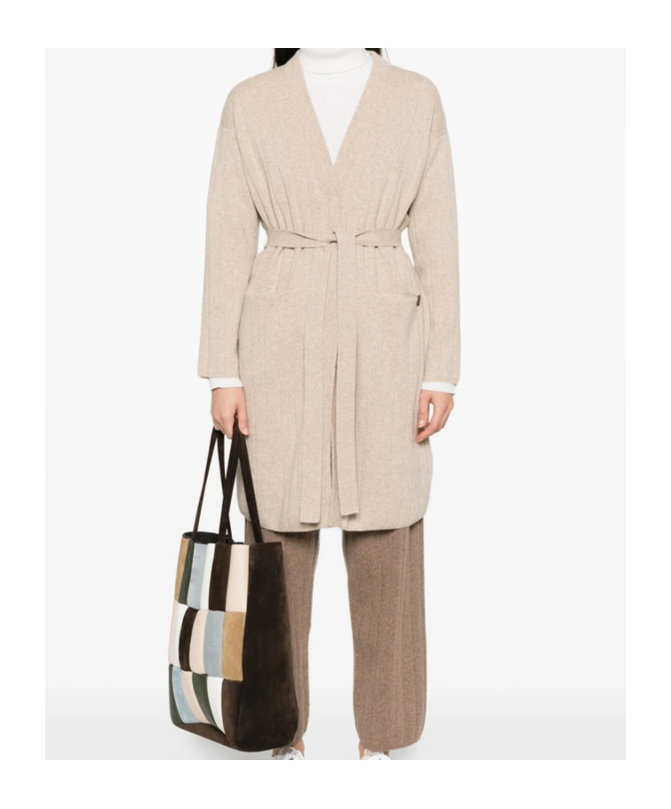Max Mara Cashmere Cardigan With Belted Waist And Pockets In Neutral