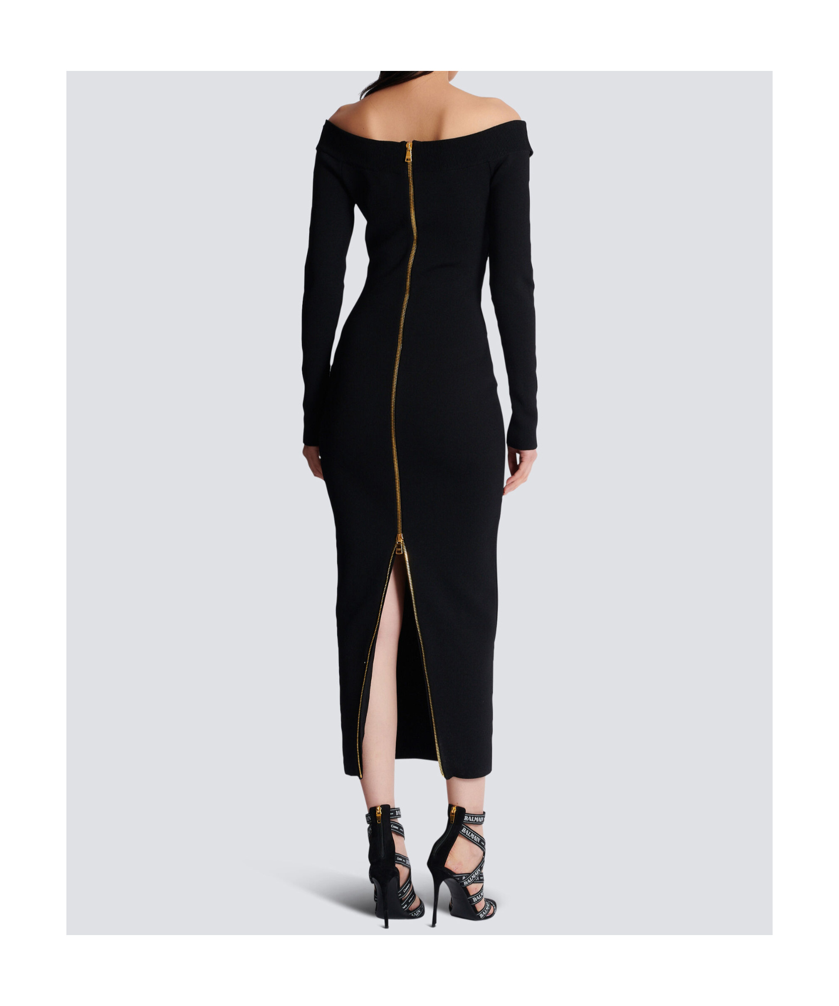 Balmain Double Collar Knit Zipped Midi Dress In Black