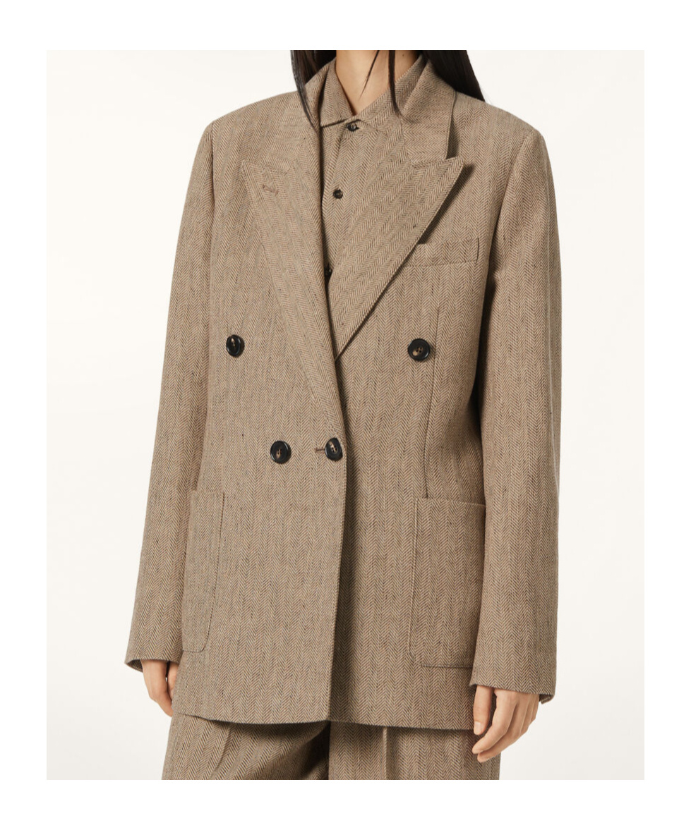 Loro Piana Genny Double-breasted Herringbone Linen Blazer In Brown Chevron