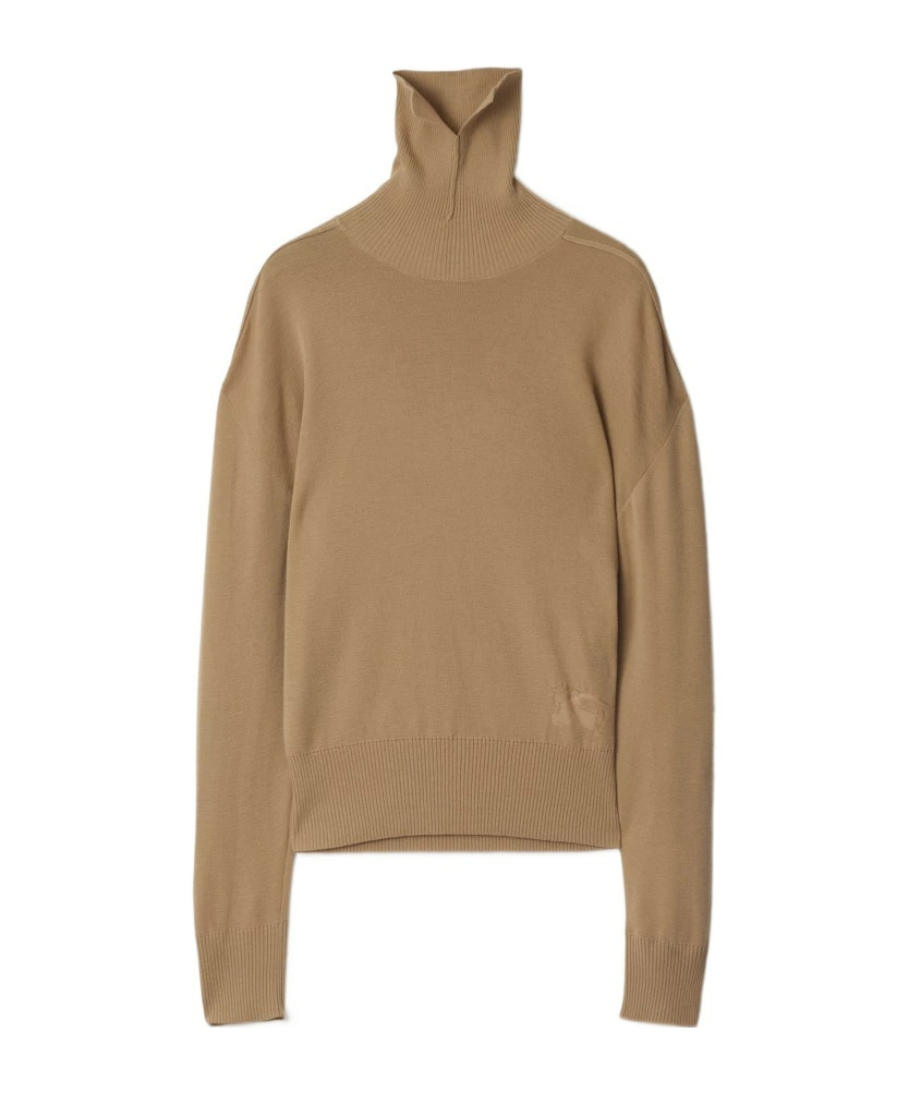 Burberry High-neck Wool Sweater With Logo Intarsia In Brown