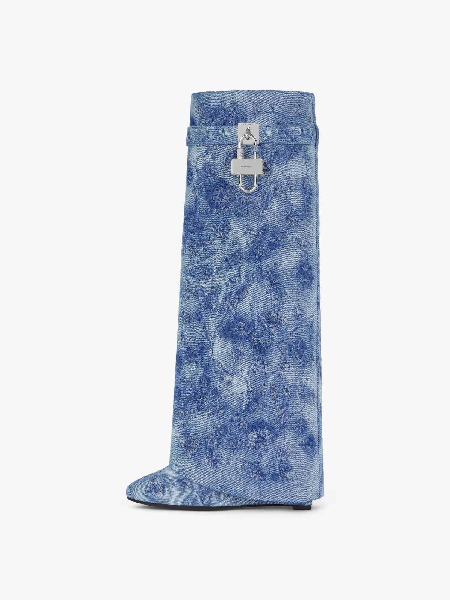 GIVENCHY SHARK LOCK BOOTS IN DENIM WITH FLORAL EMBROIDERY