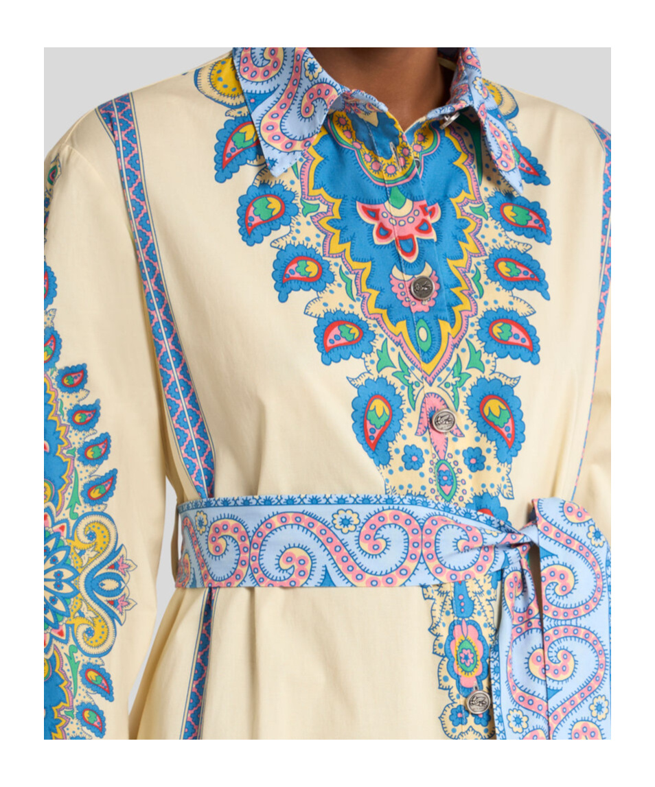 Etro Cotton Poplin Maxi Dress With Paisley Medallion And Contrasting Belt In Blue