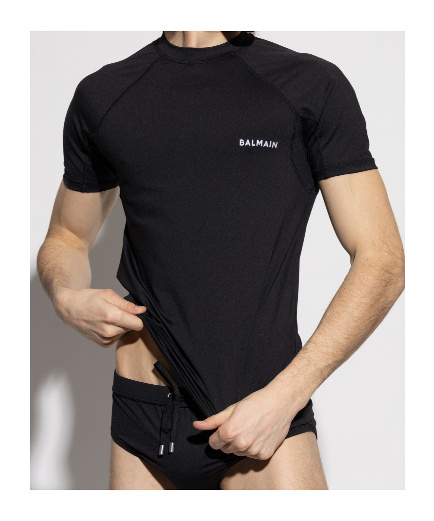 Balmain Round-collar Short-sleeve Swimsuit In Black
