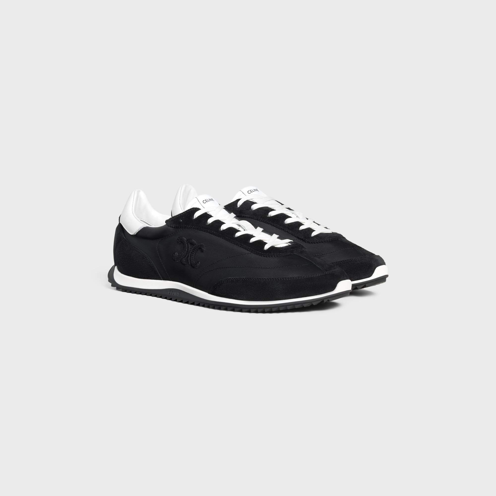 Celine Racer Low Lace-up Sneaker With Triomphe In Nylon, Suede Calfskin And Calfskin In Black