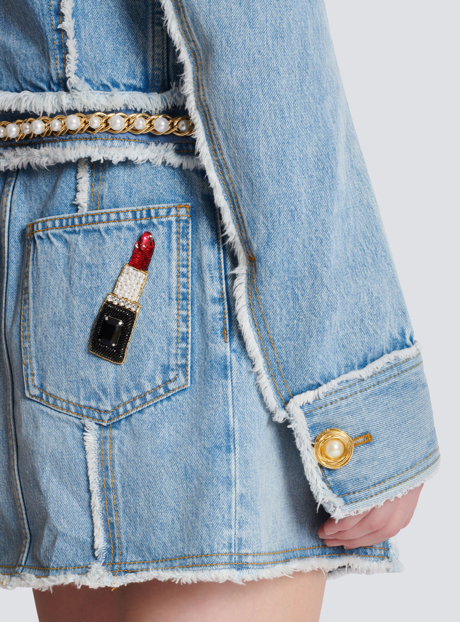 Balmain Faux Pearl-embellished Frayed Denim Jacket