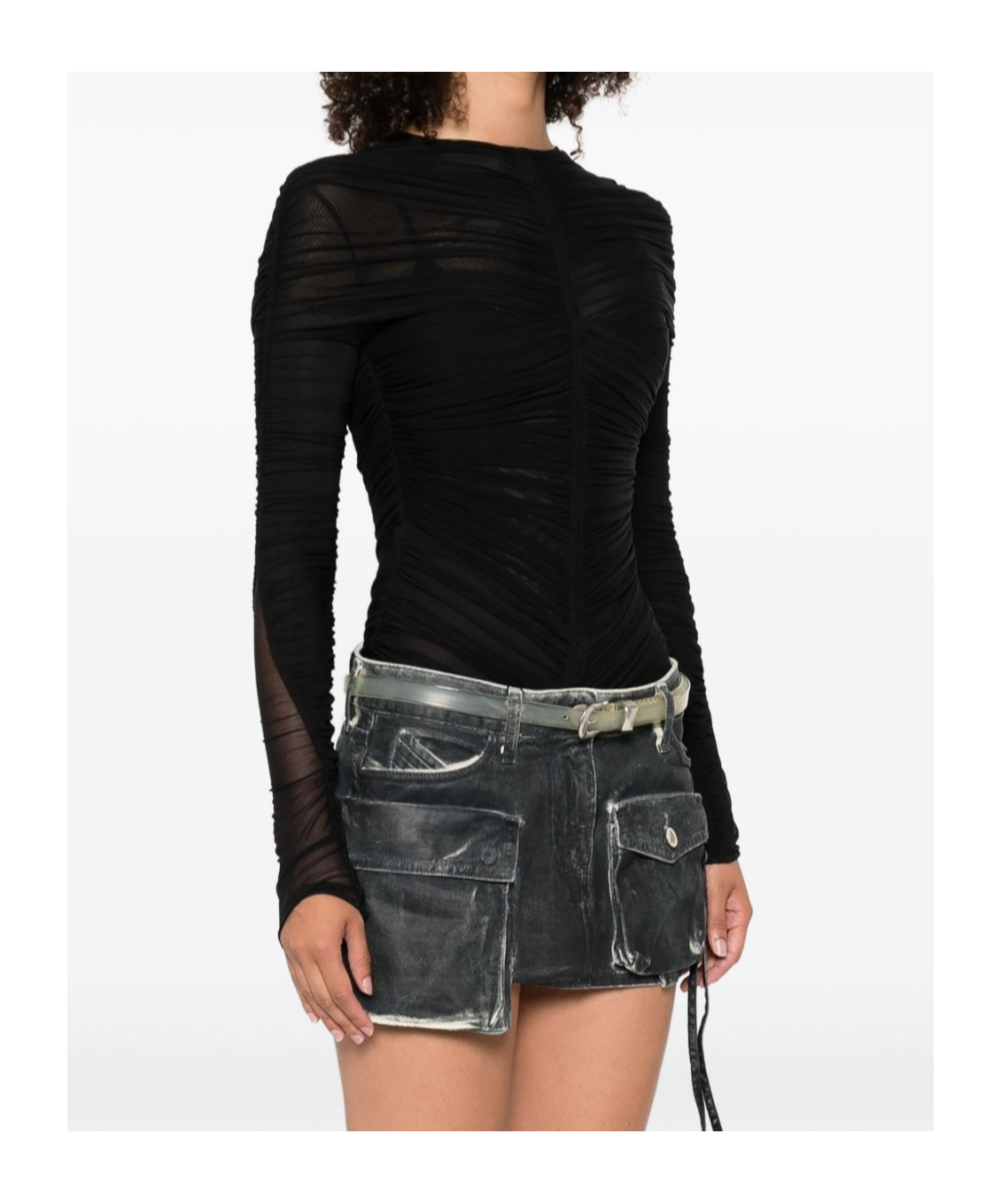 Mugler Gathered Semi-sheer Bodysuit In Black