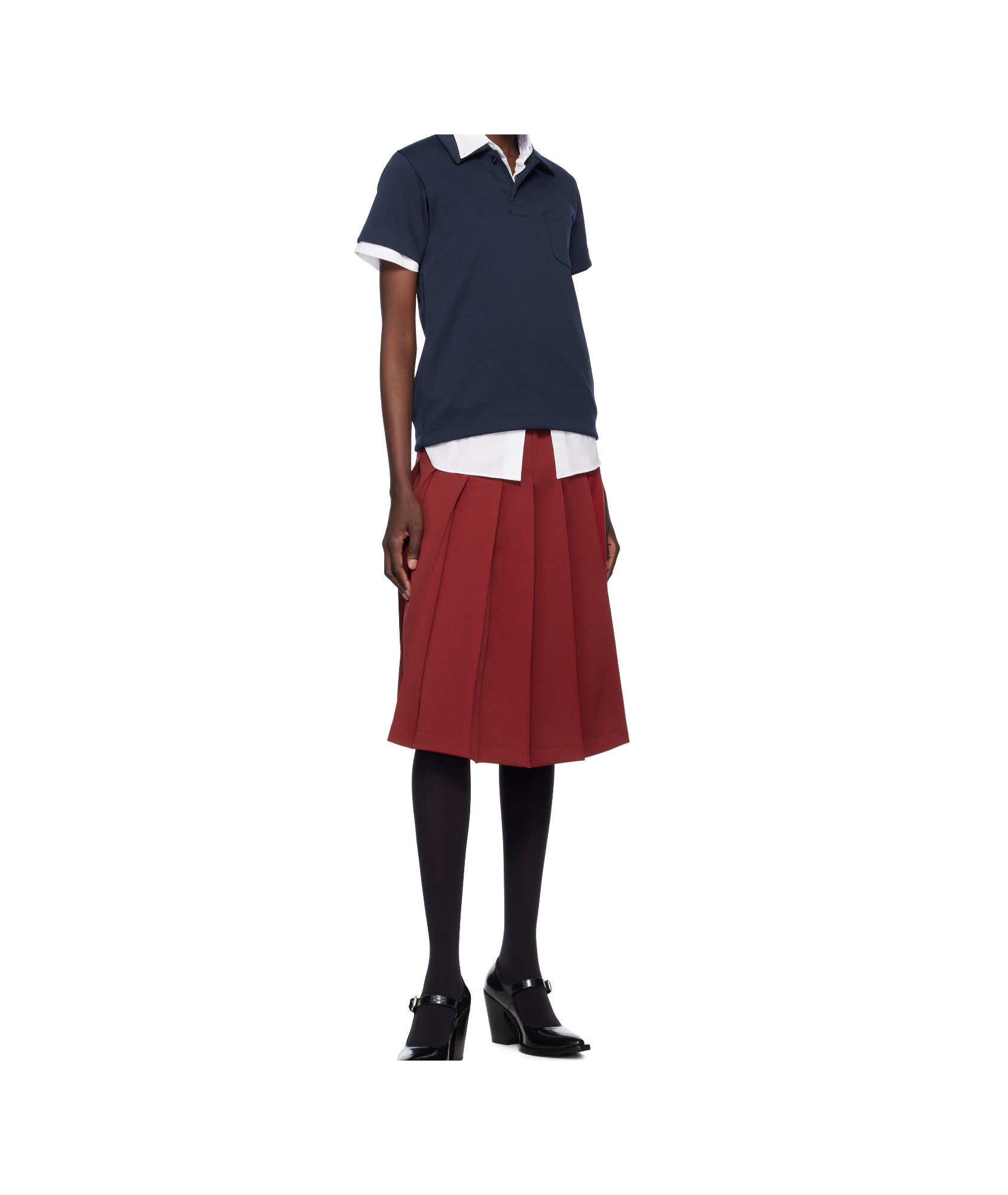 COMME DES GARÇONS BURGUNDY POLYESTER JERSEY MIDI SKIRT
