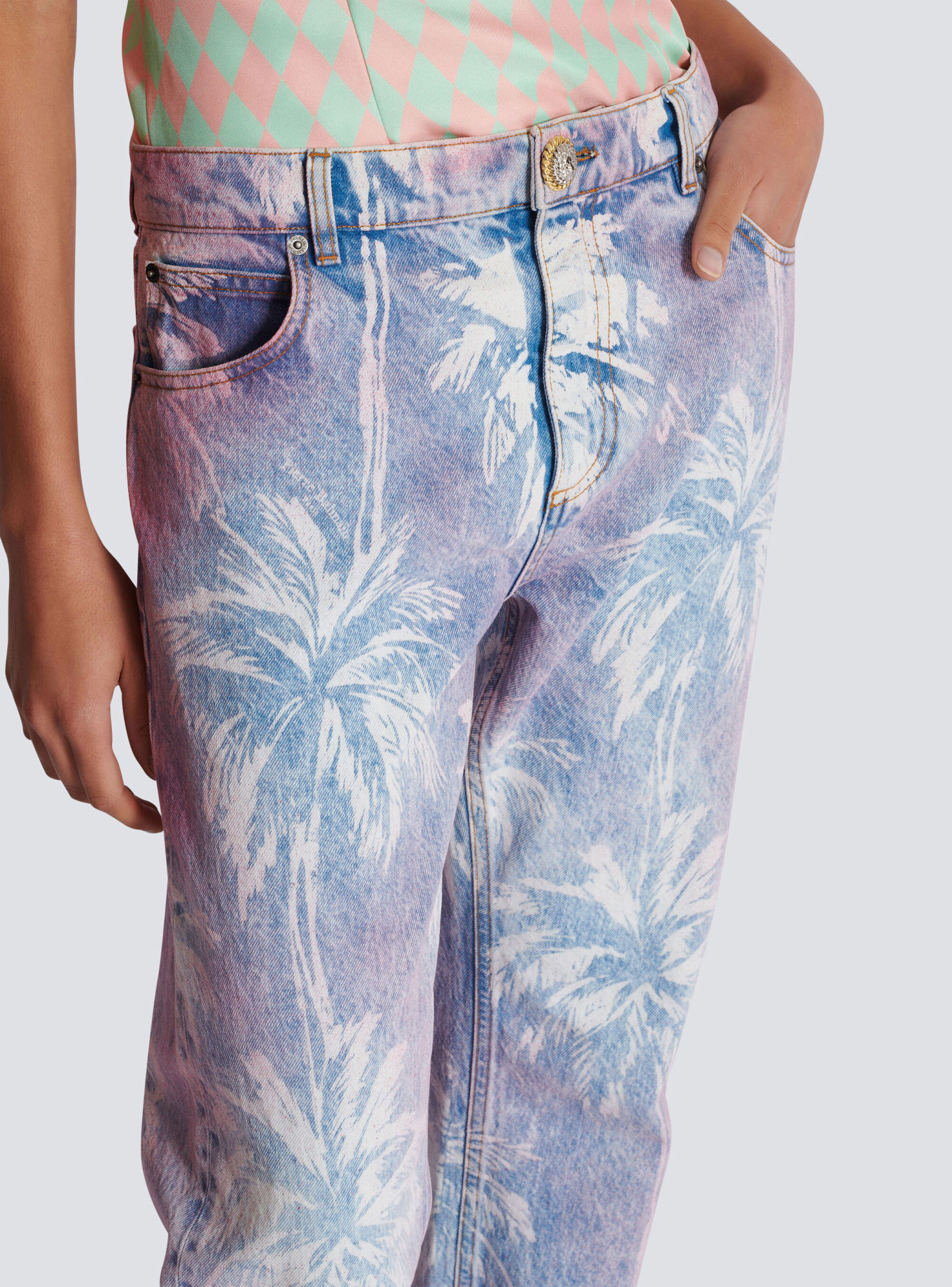 Balmain Palm Tree-print Boyfriend Jeans In Blue