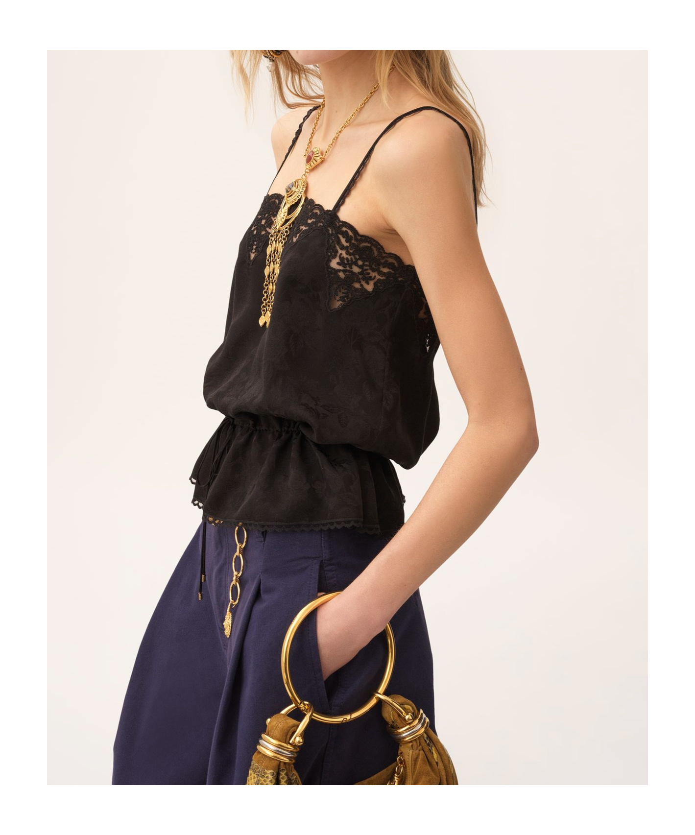 Chloé Drawstring Camisole Top In Silk Jacquard & Lace Black Size 4 100% Silk