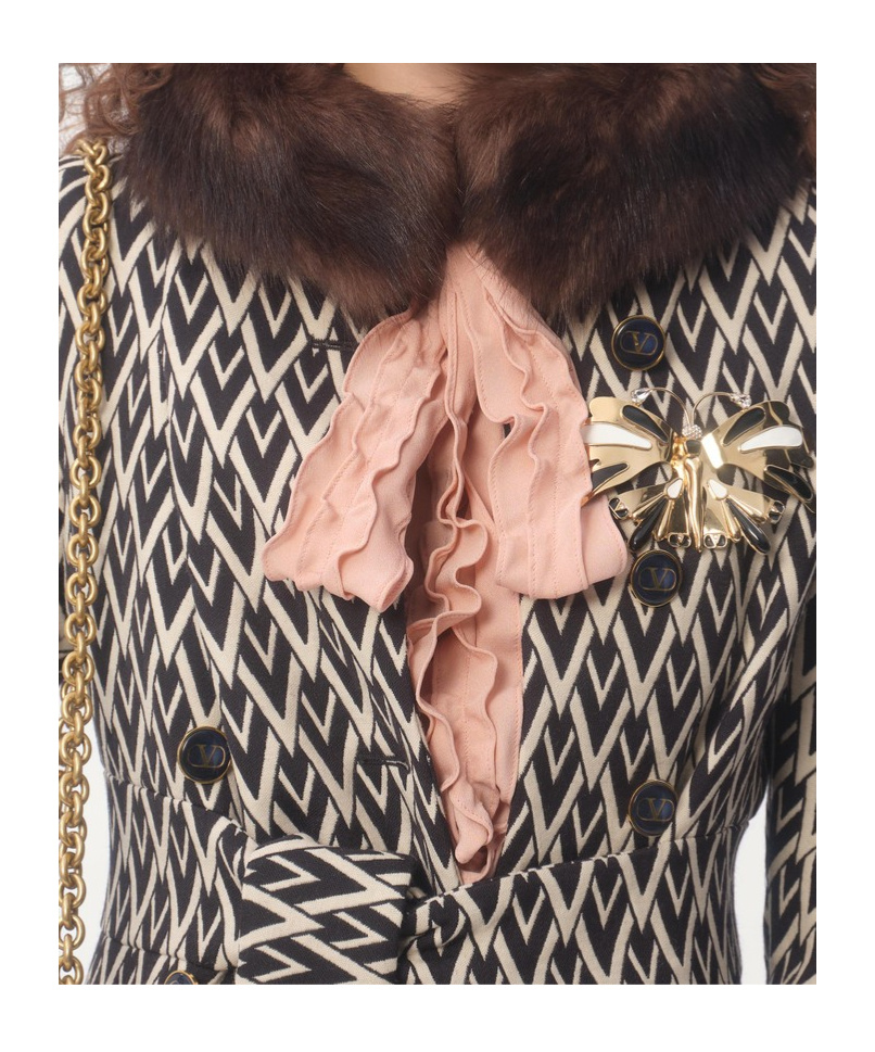 Valentino Wool Faux-fur-trim Coat In Black/cream