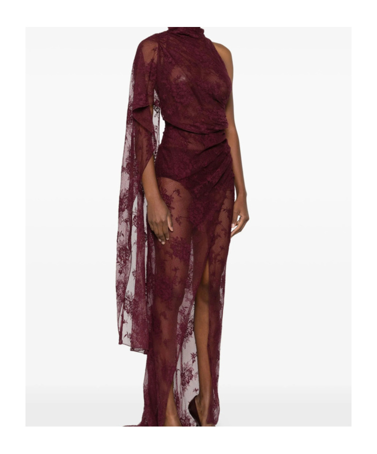 The Andamane Lace Draped Maxi Dress In Brown