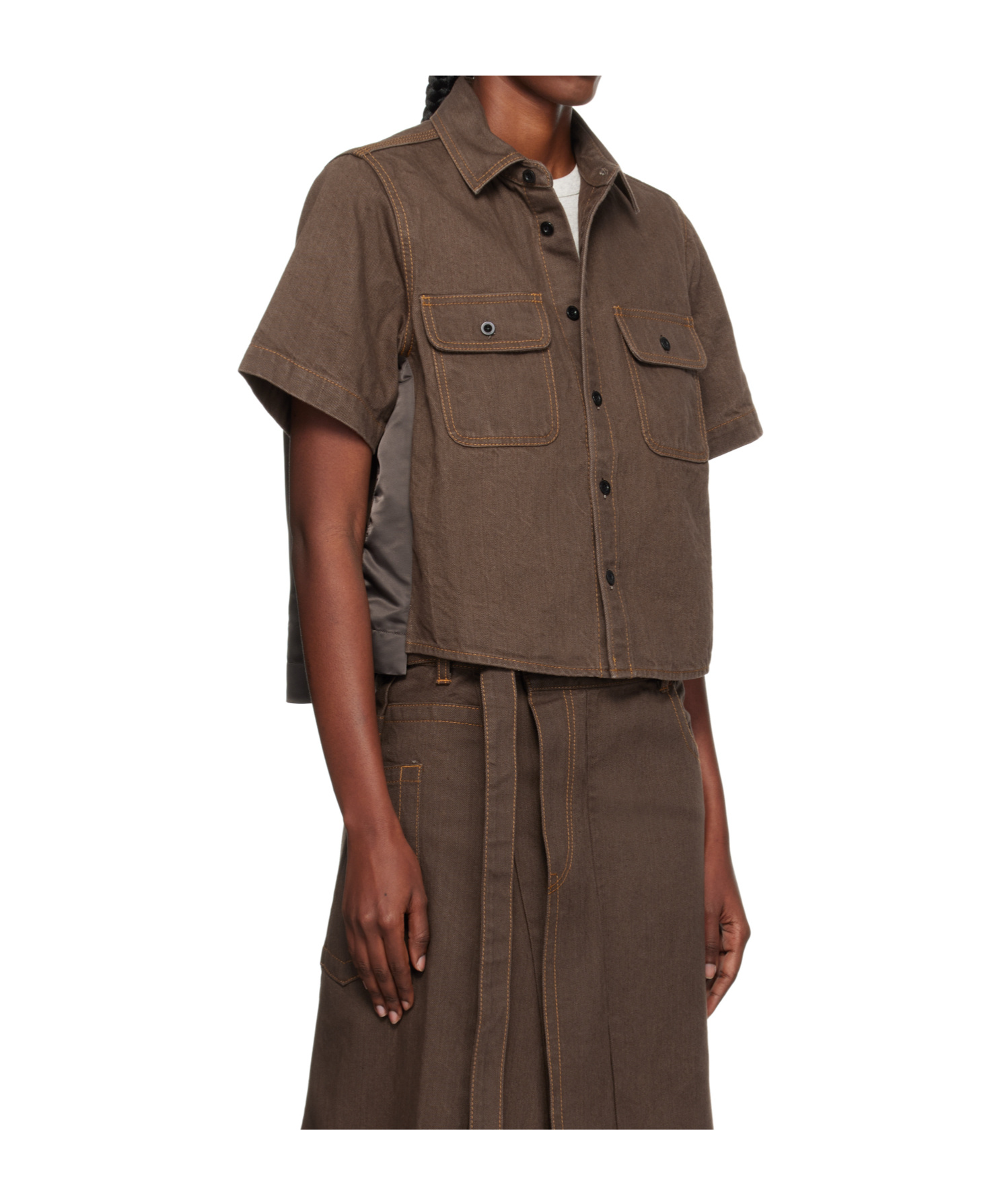 Sacai Lapel Short-sleeved Denim Jacket In Brown