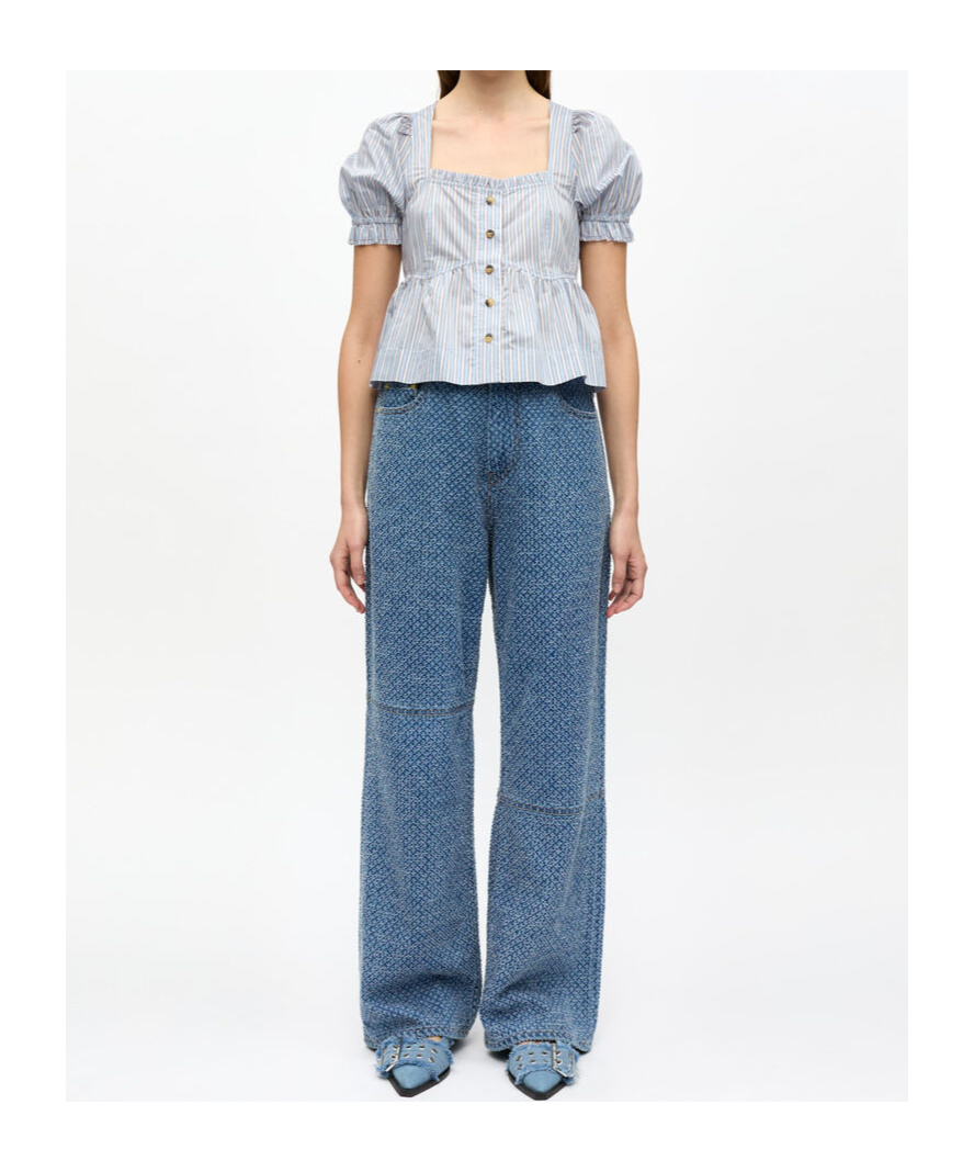 Ganni Yarn Dyed Stripe Blouse Shirts Light Blue In Soft Chambray
