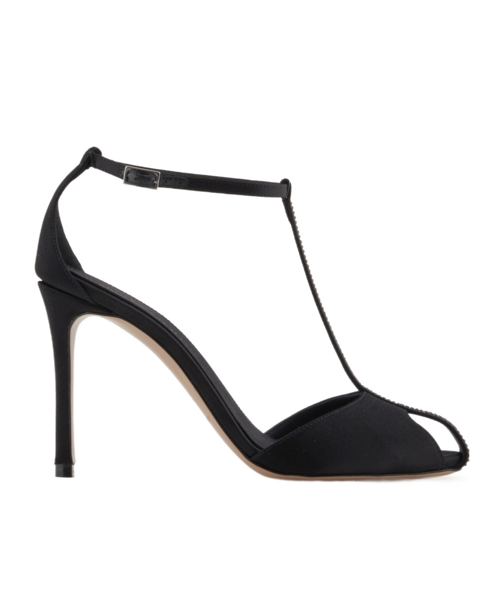 Emporio Armani Satin T-bar Sandals With Rhinestones In Black